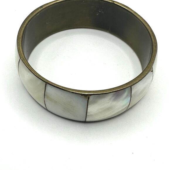 Mother of Pearl Brass Bangle Bracelet MOP Vintage Inlaid Mid Century Modern MCM - Picture 10 of 10
